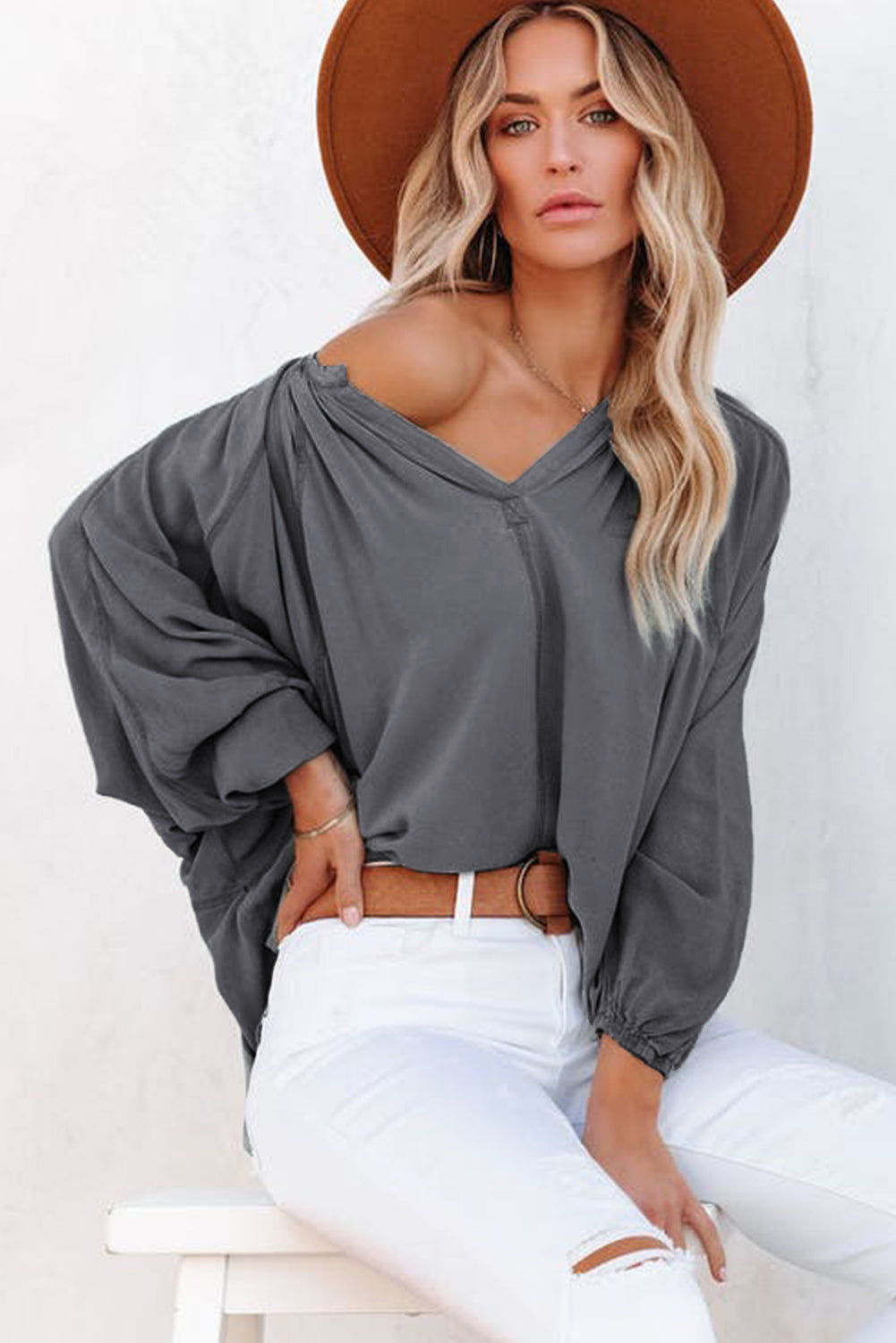 Gray Split V Neck Dolman Top