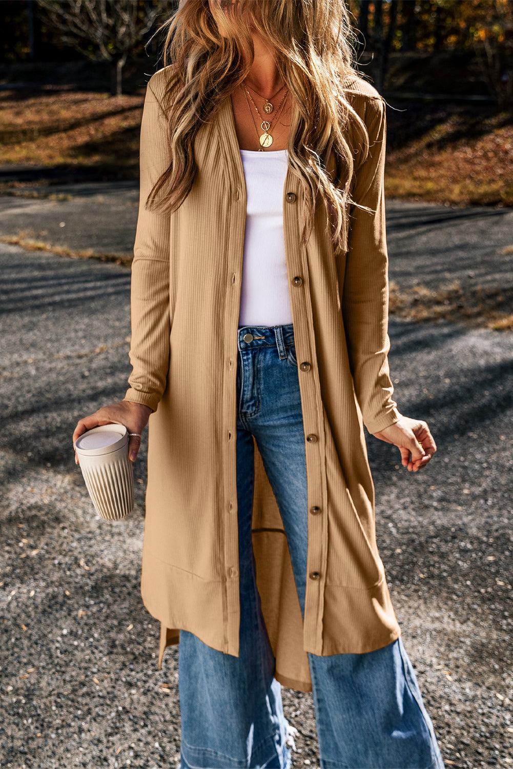 Light French Beige Ribbed Button-Up Split Duster Cardigan