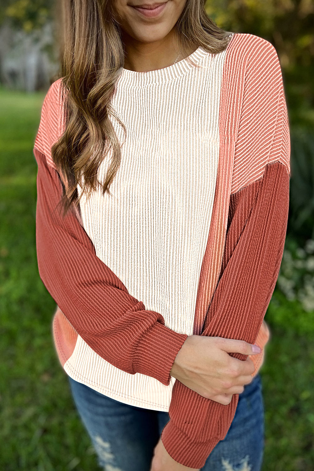 Pale Chestnut Color Block Corded Long Sleeve Top