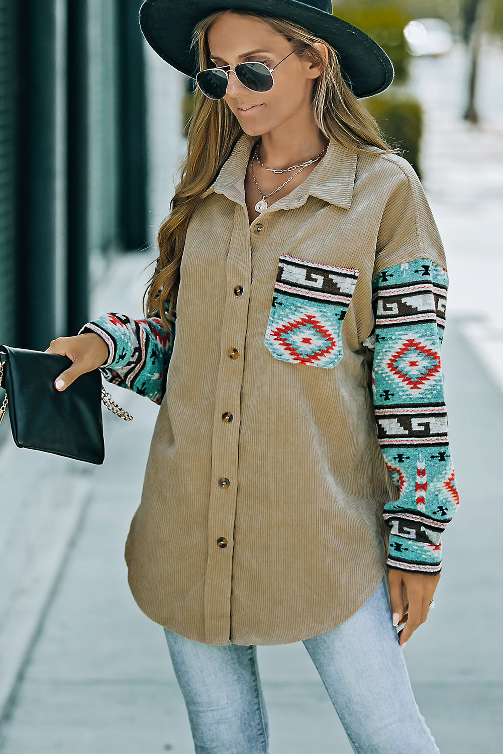 Khaki Aztec Pattern Sleeve Pocketed Corduroy Shacket