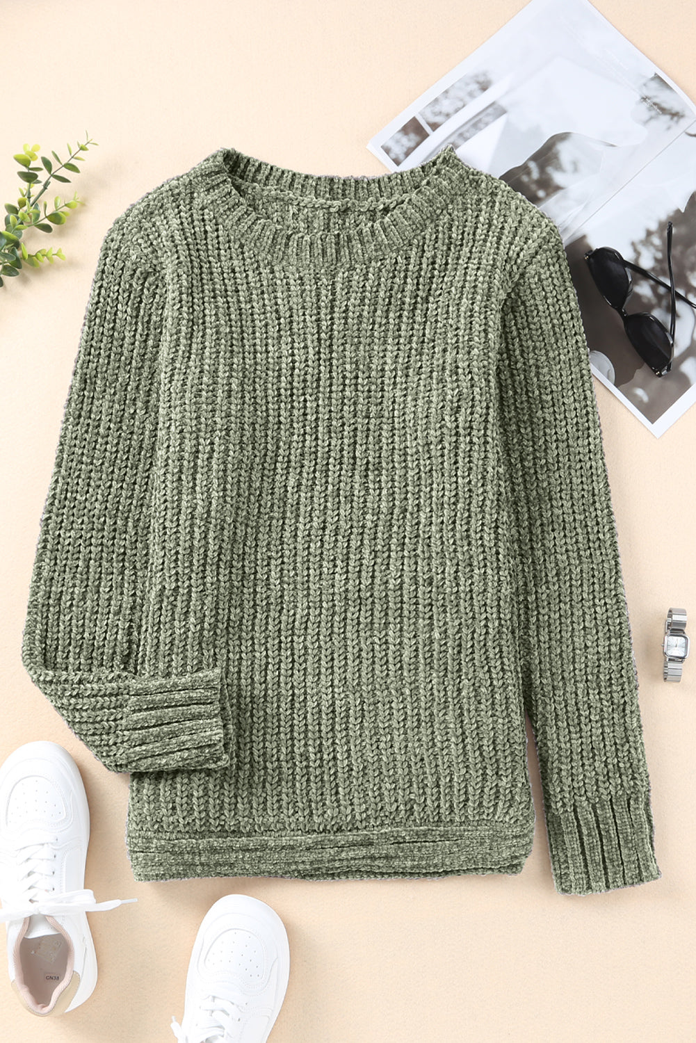 Green Long Sleeve Round Hem Cable Knit Sweater