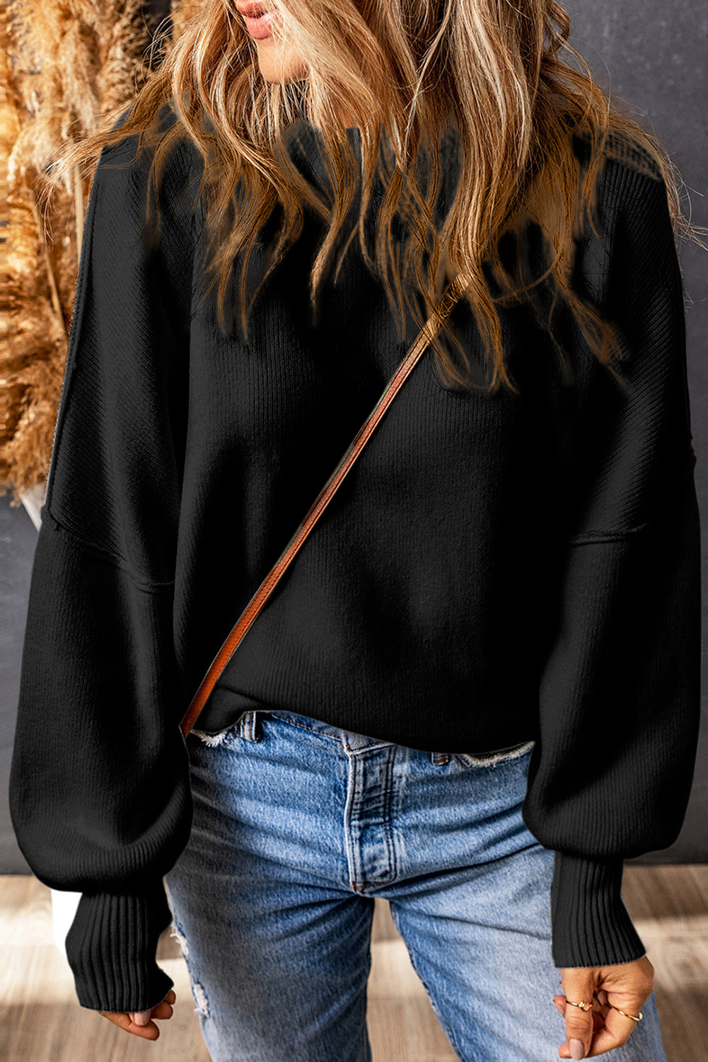 Black Oversized Drop Shoulder Bubble Sleeve Pullover Sweater