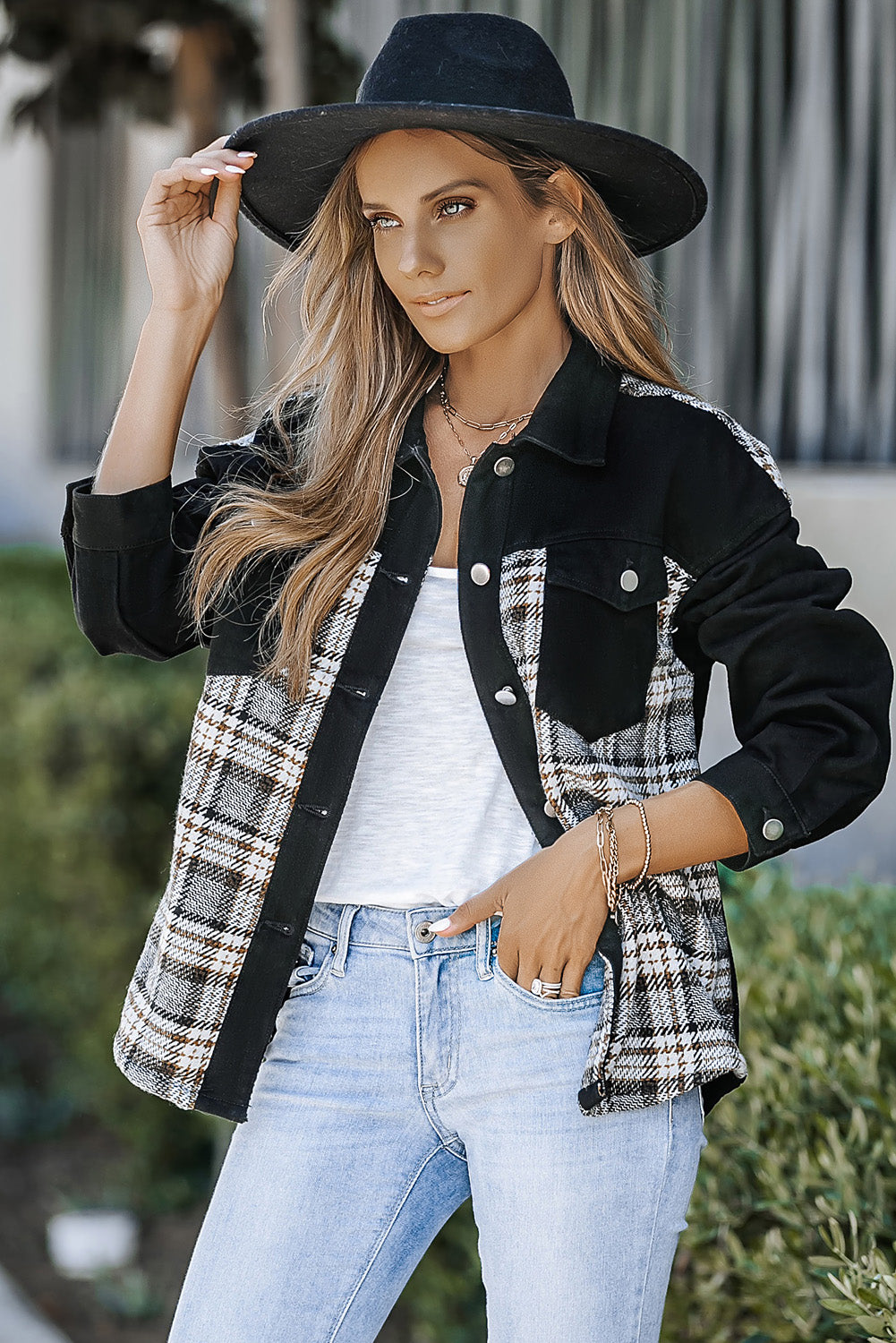 Black Plaid Patchwork Raw Hem Denim Jacket