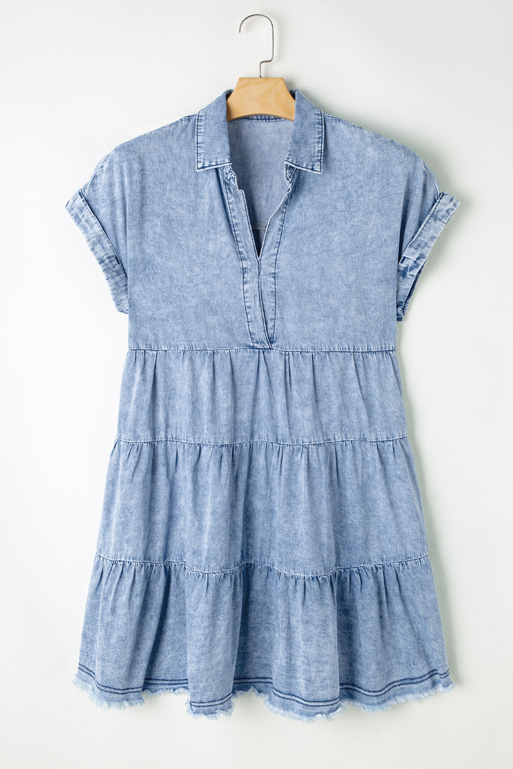 Beau Blue Acid Wash V Neck Tiered Denim Dress