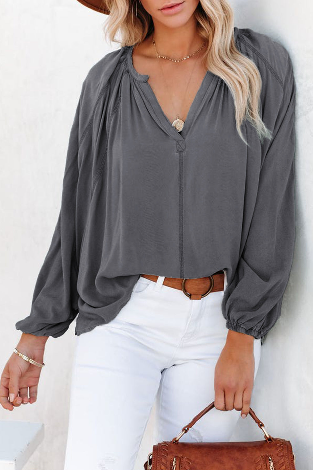 Gray Split V Neck Dolman Top