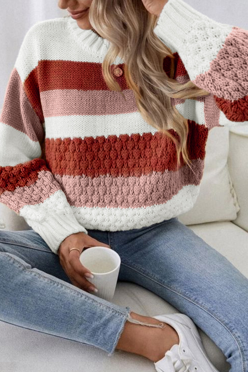 Red Stripe Cable Knit Drop Shoulder Sweater