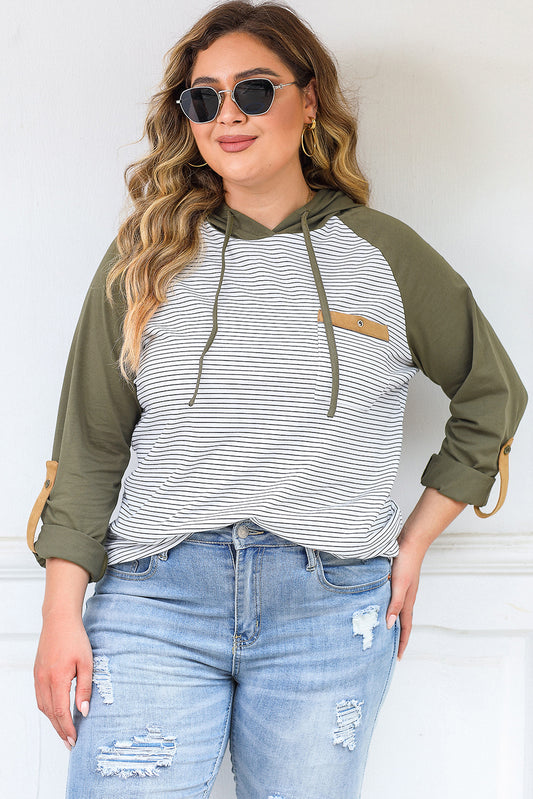 Green Striped Raglan Sleeve Buttoned Pocket Plus Size Hoodie