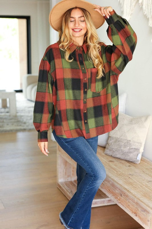 Rock'n Plaid Olive & Rust Button Down Oversized Shirt