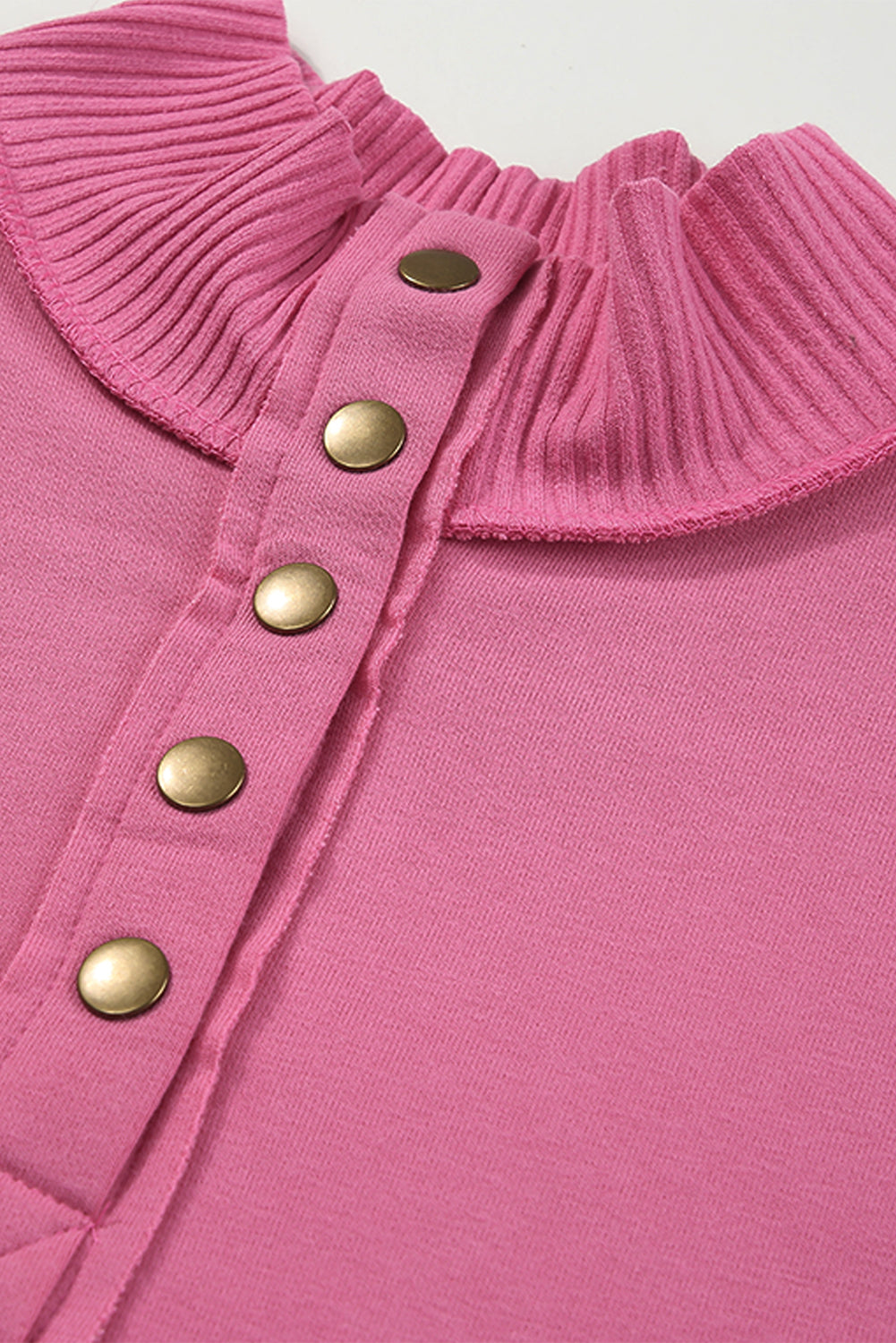 Bright Pink Ribbed Hem Snap Button Neckline Sweatshirt with Pocket