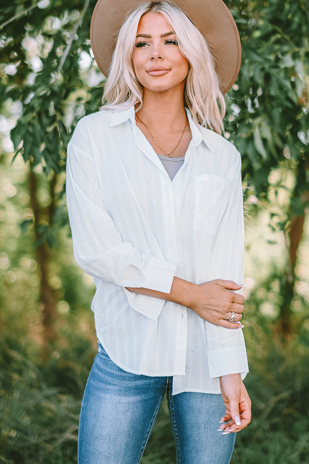 White Textured Buttons Pocketed Shirt