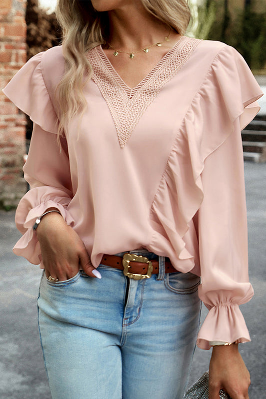 Pink Crochet V Neck Flounce Sleeve Ruffled Blouse