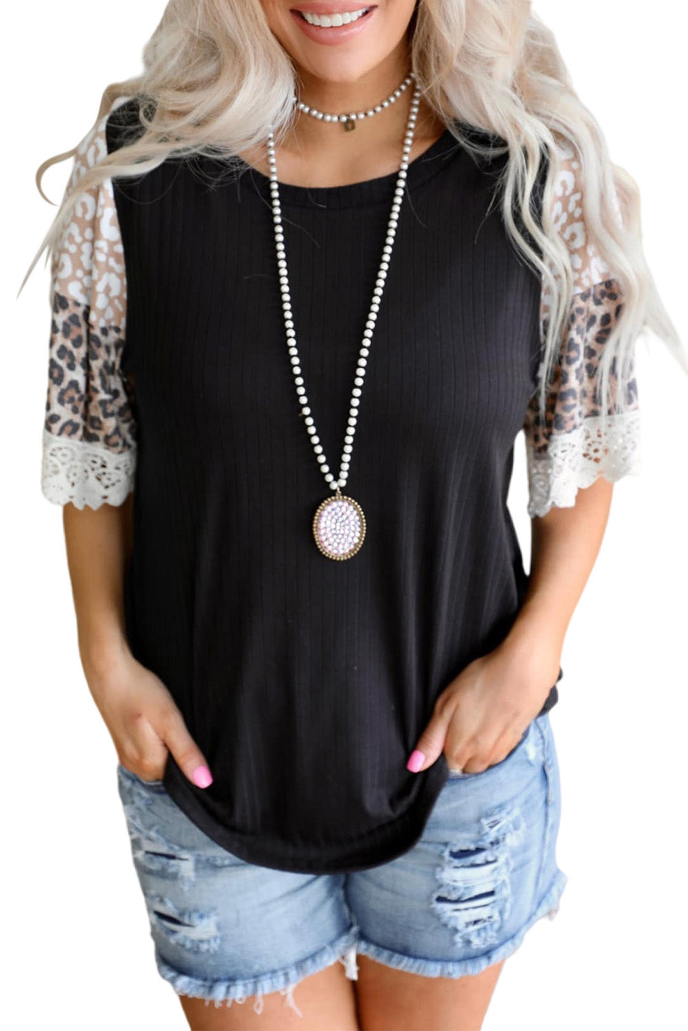 Black Ribbed Leopard Bell Sleeve Top