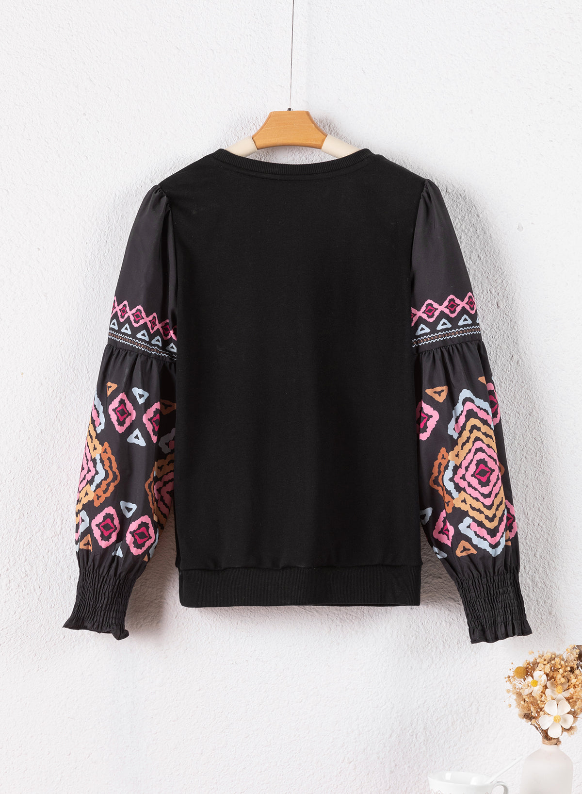 Black Printed Balloon Sleeve Crew Neck Blouse