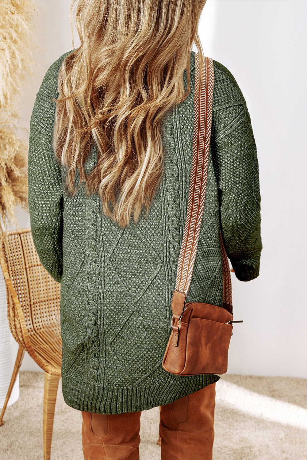 Mist Green Cable Knit Drop Shoulder Loose Fit Sweater Dress