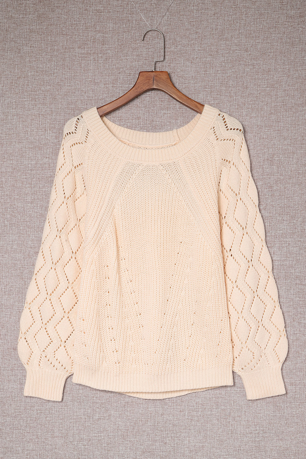 Beige Hollow-out Puffy Sleeve Knit Sweater