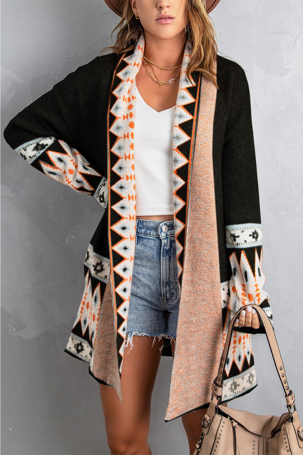 Black Aztec Print Open Front Knitted Cardigan