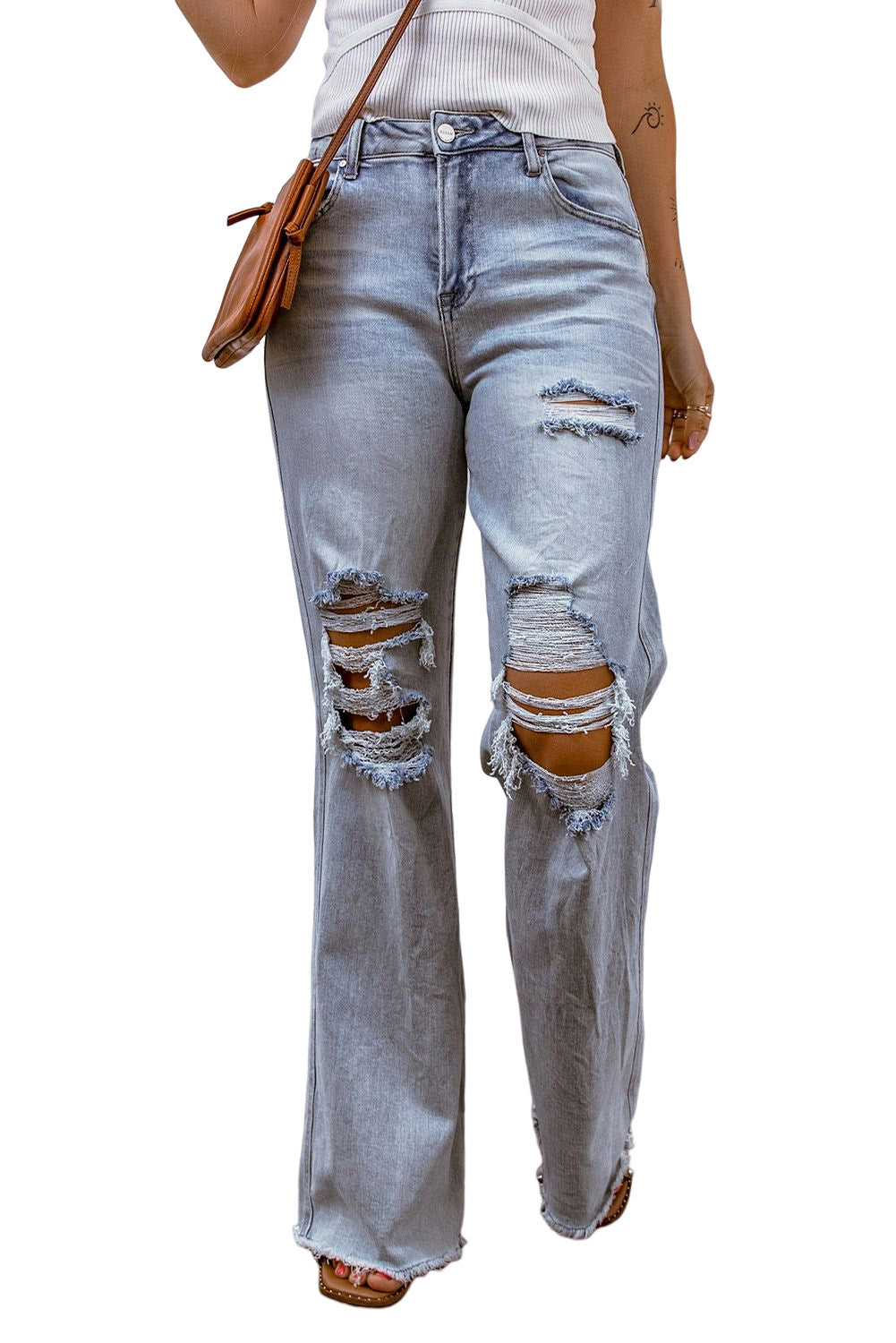 Sky Blue Acid Wash Wide Leg Raw Hem Distressed Jeans