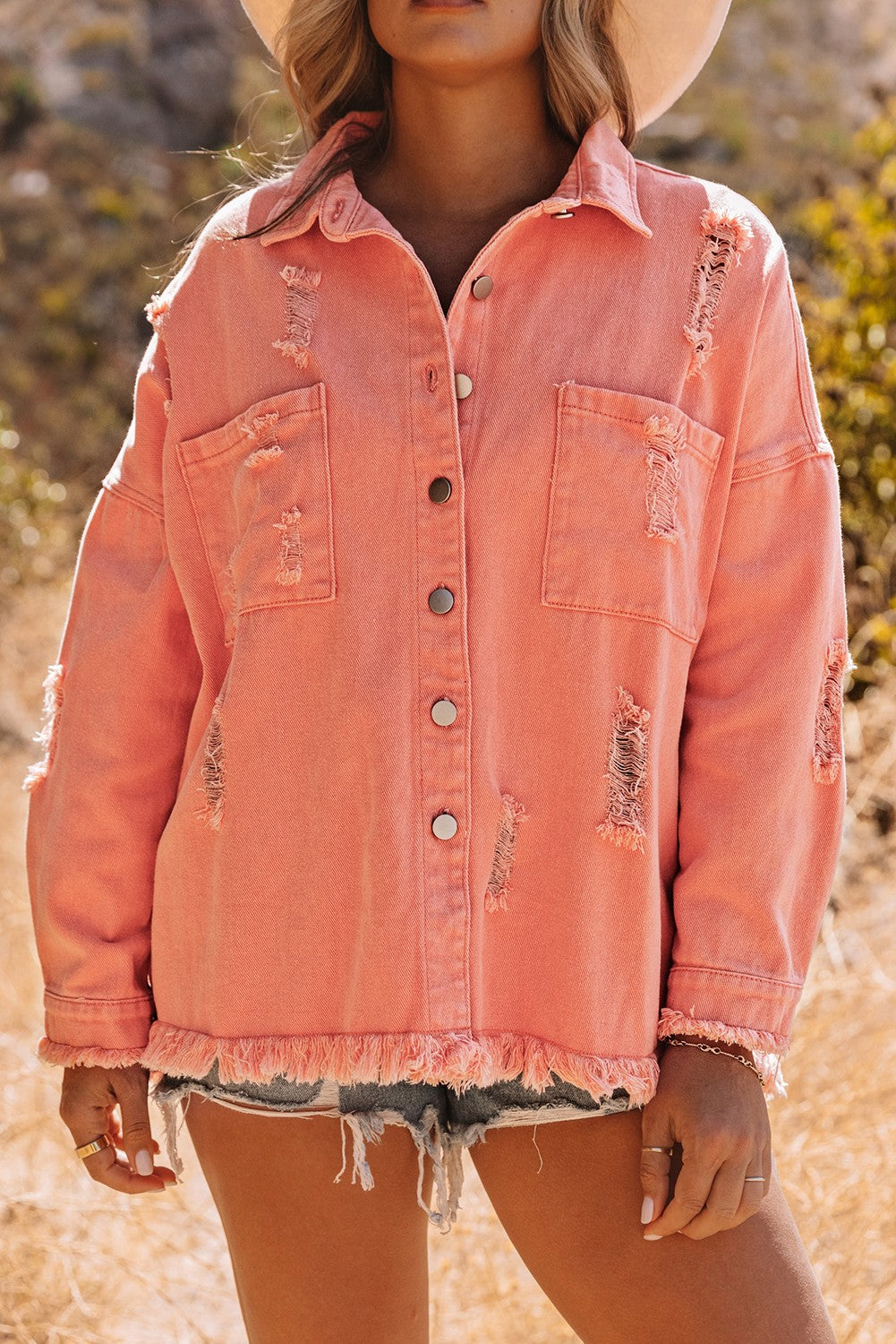 Orange Distressed Fringe Trim Denim Jacket