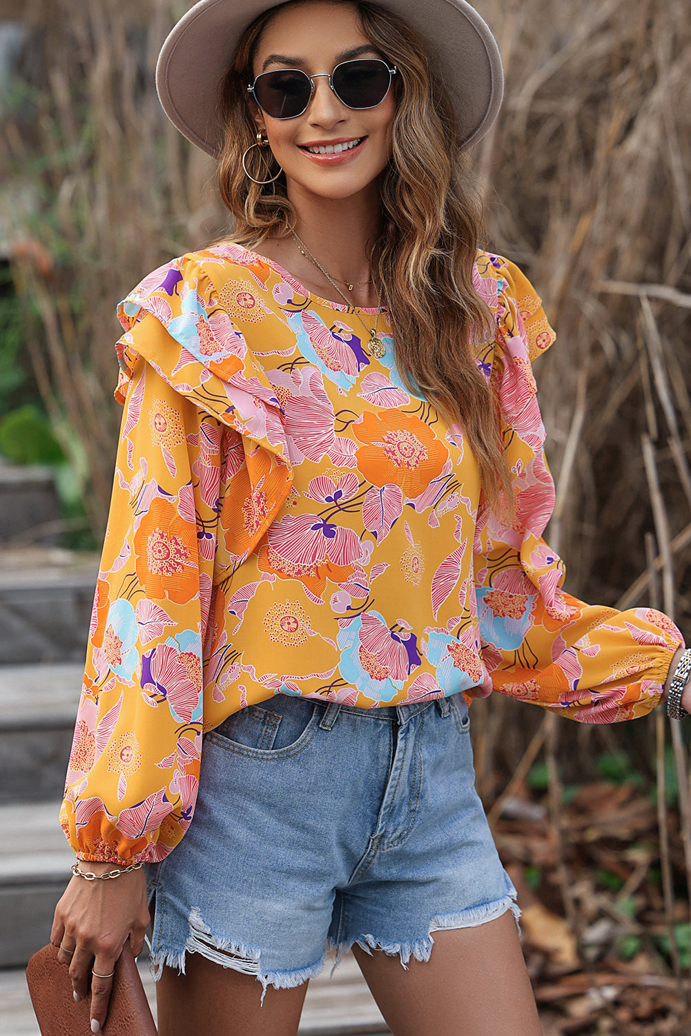 Ginger Floral Print Ruffle Puff Sleeve Blouse