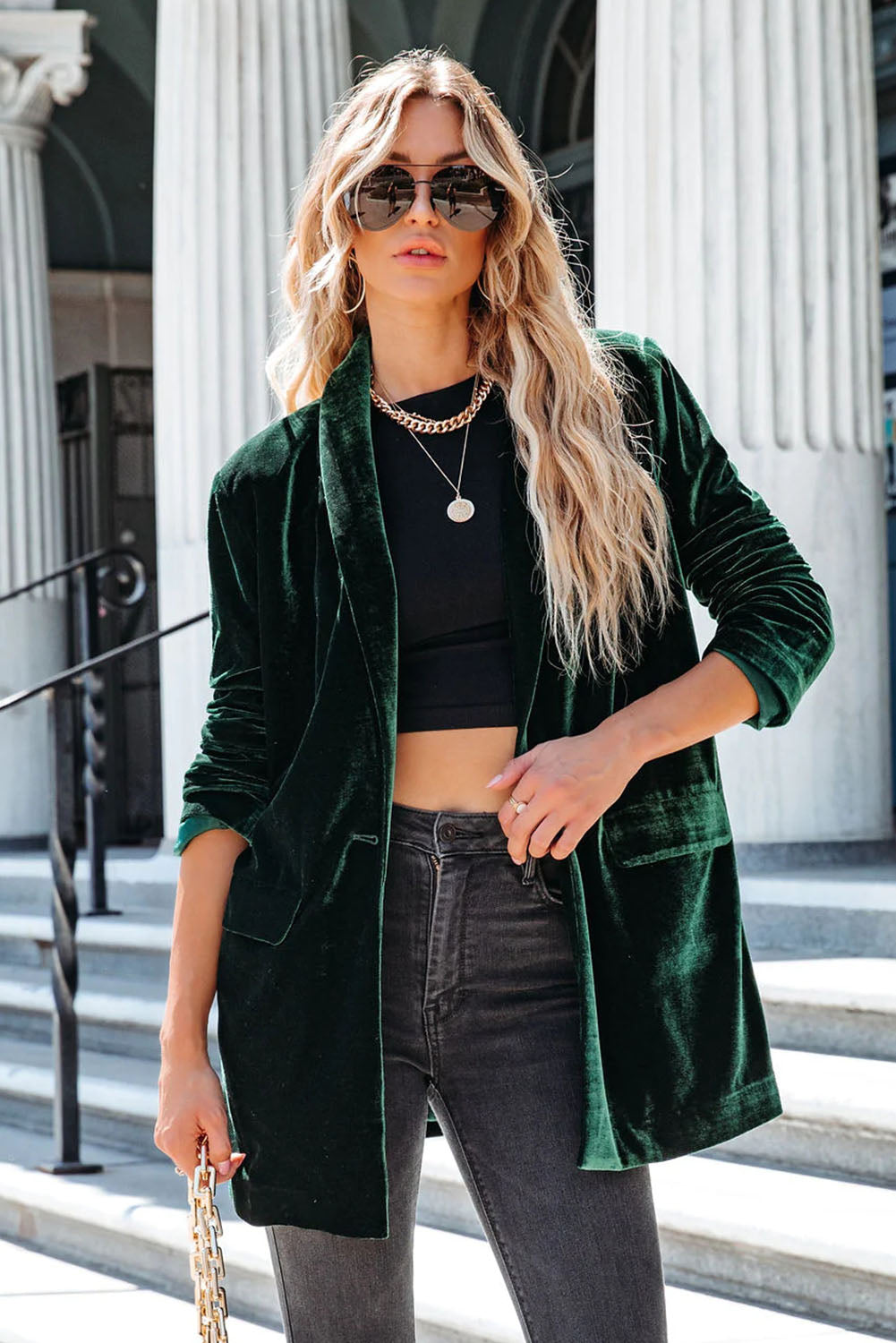 Green Casual Pocketed Velvet Blazer