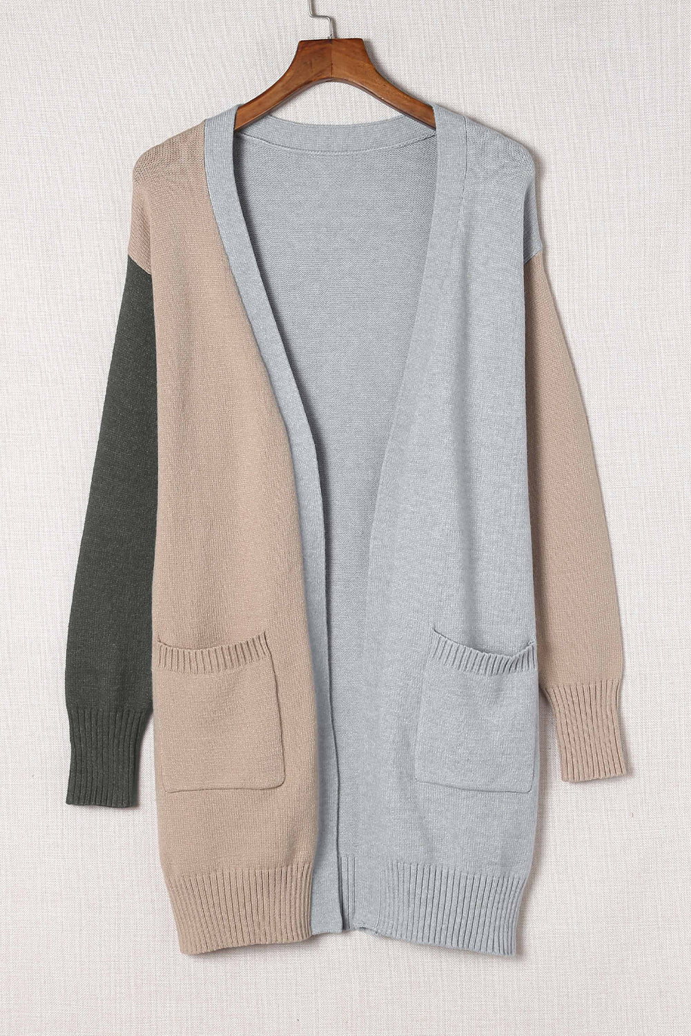 Gray Colorblock Pocketed Cardigan with Ribbed Trim