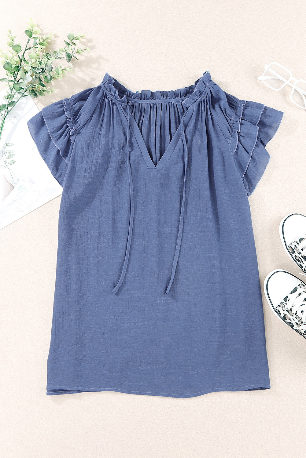 Blue Tiered Ruffled Drawstring V Neck Top