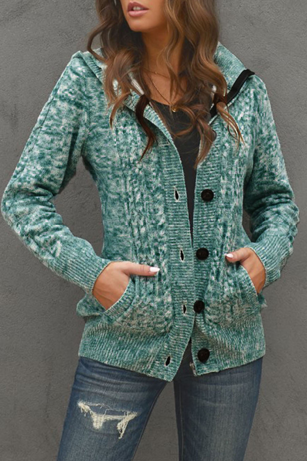 Green Long Sleeve Button-up Hooded Cardigans