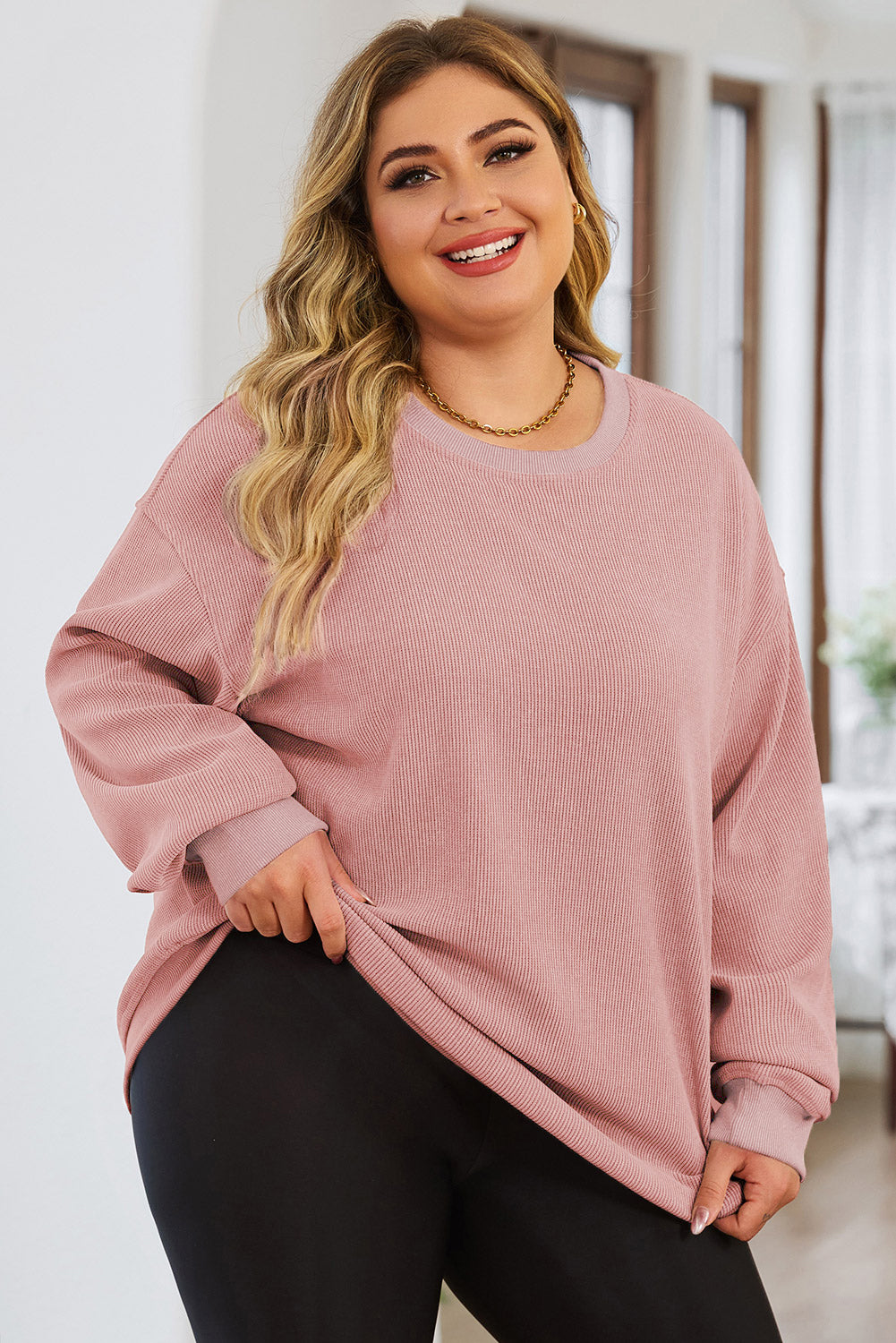 Pink Plus Size Corded Round Neck Sweatshirt