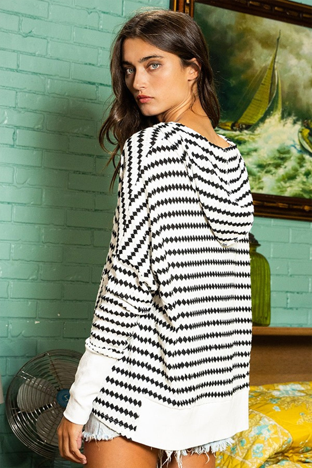 Black Stripe Argyle Striped Half Button Oversized Hoodie