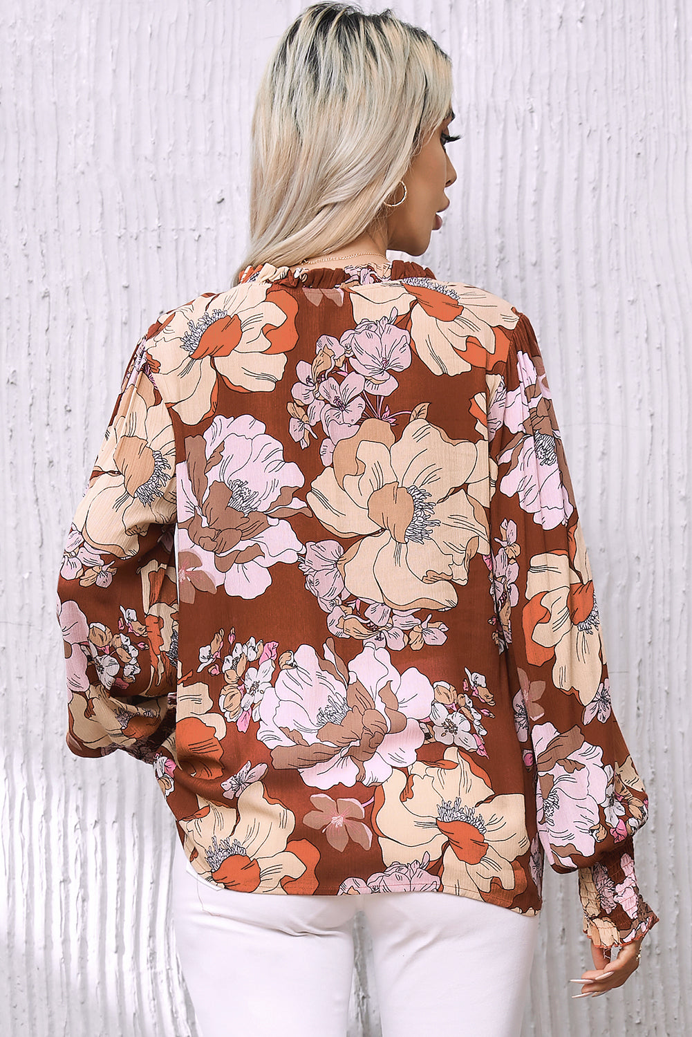 Brown Frilled V Neck Bubble Sleeve Floral Blouse