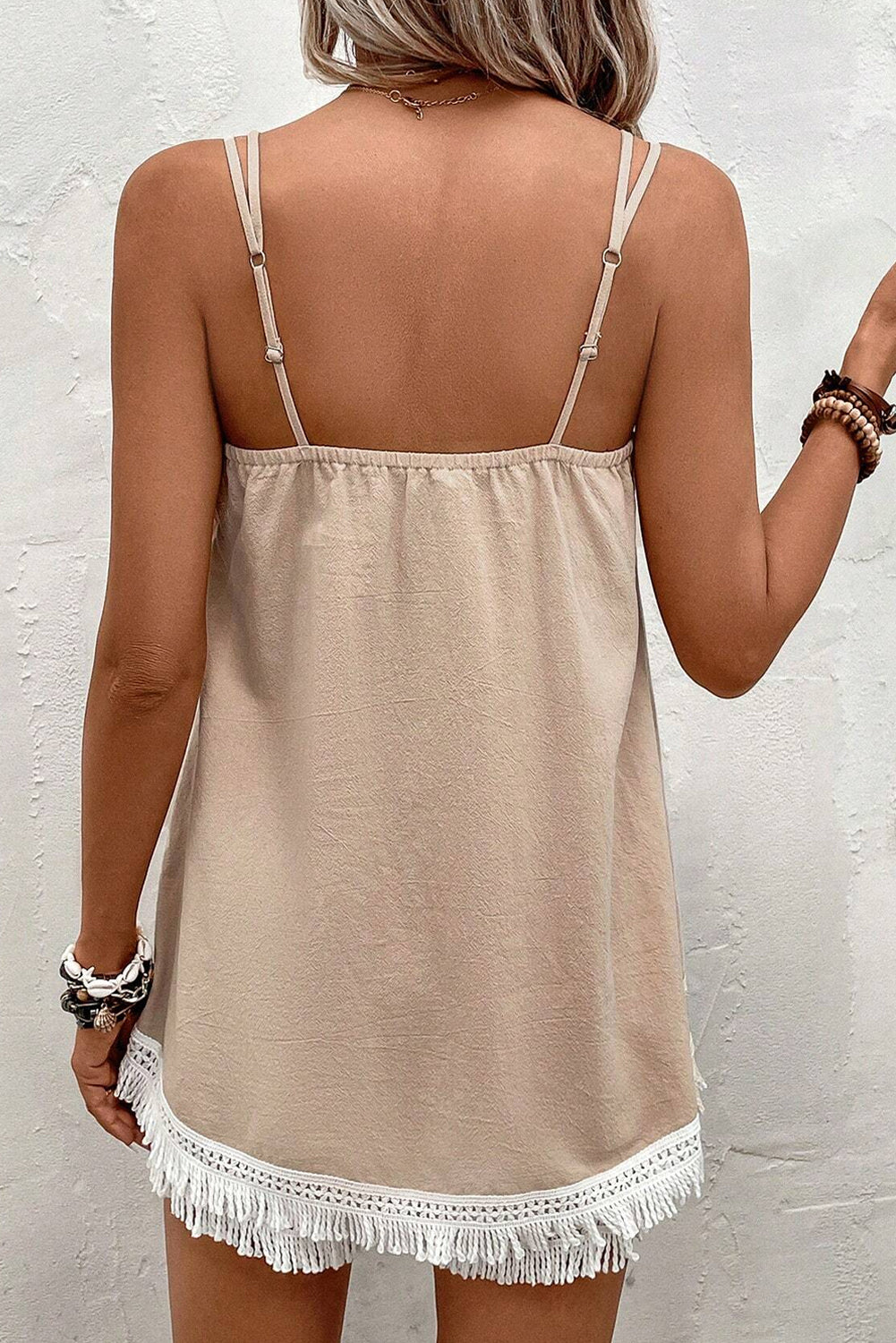 Pale Khaki Fringe Crochet Double Strap Tank Top and Shorts Set