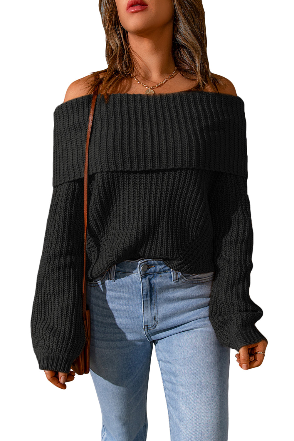 Black Ribbed Knit Foldover Off Shoulder Sweater