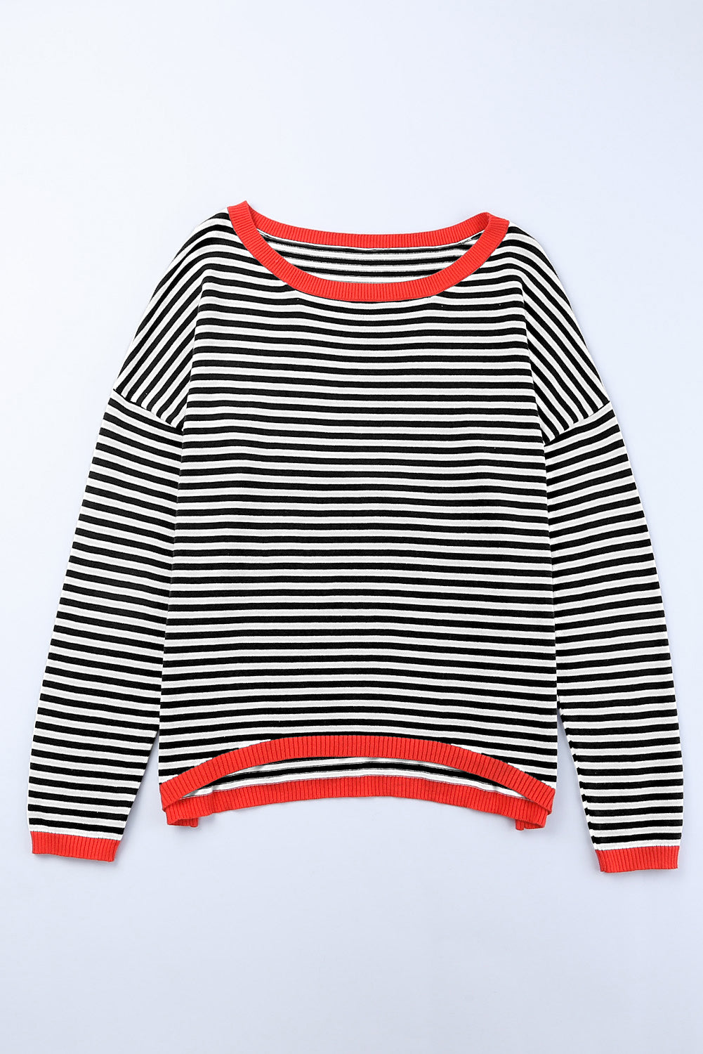 Black Contrast Trimmed Striped Drop Shoulder Sweater