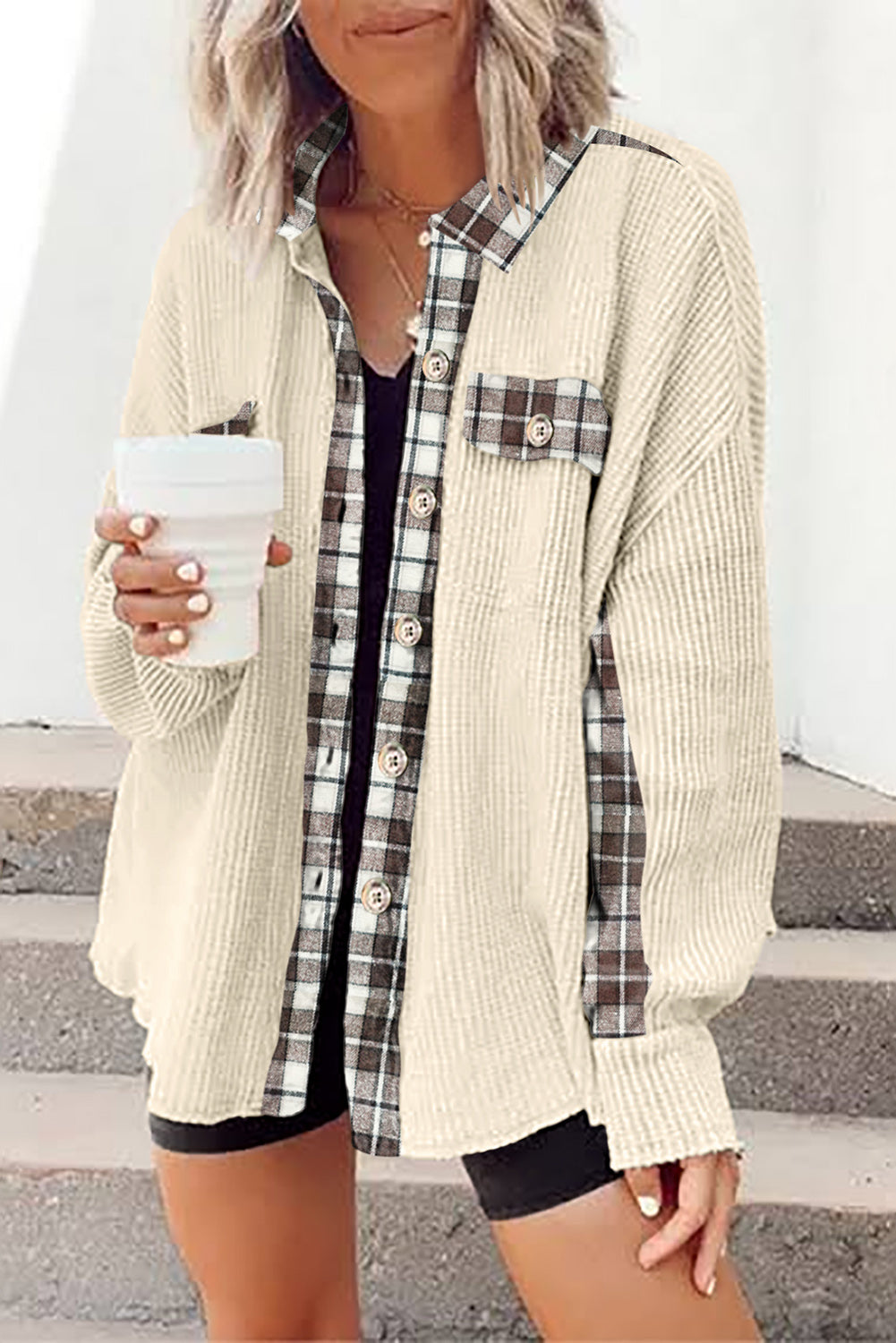 Apricot Plaid Patchwork Waffle Thermal Knit Shacket