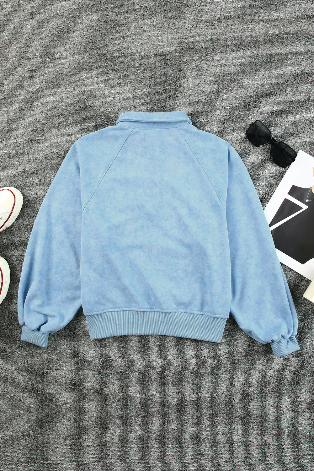 Sky Blue Washed Snap Buttons Lantern Sleeve Pullover Sweatshirt