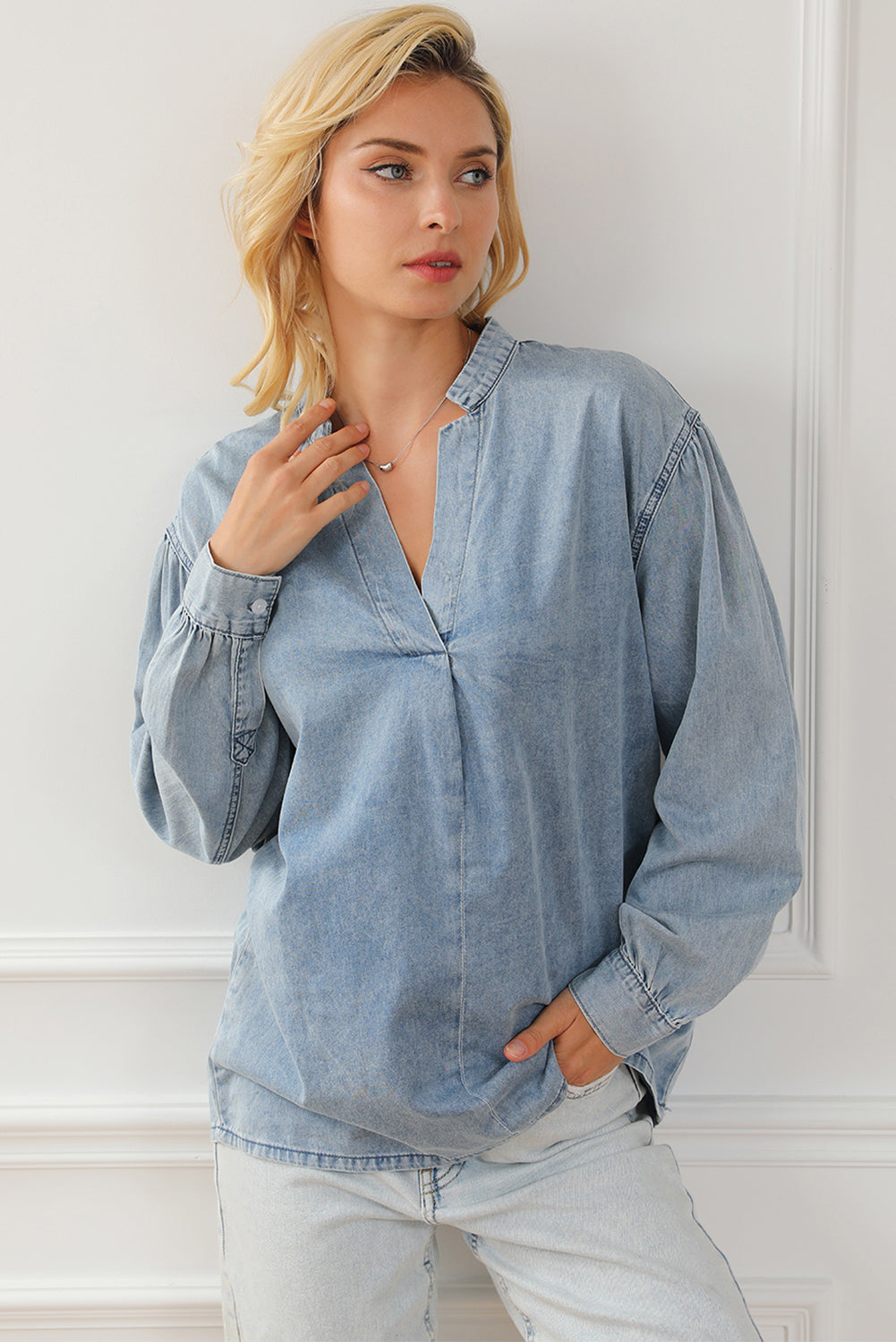 Sky Blue Split V-Neck Balloon Sleeve Ruched Denim Top