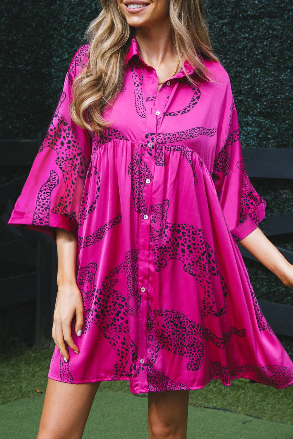 Rose Red Cheetah Print Bell Sleeve Mini Shirt Dress