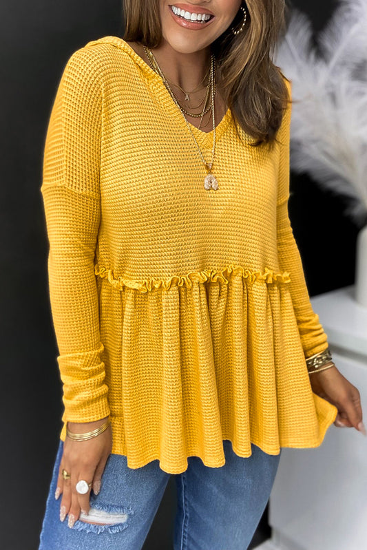 Yellow V Neck Drop Shoulder Hooded Flowy Top with Frill