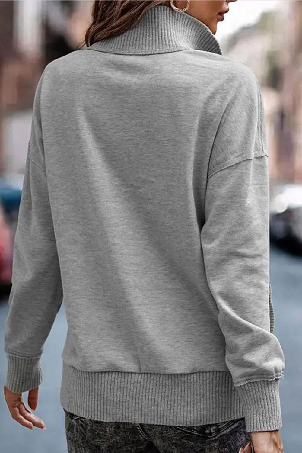 Gray Ribbed Hem Snap Button Neckline Sweatshirt with Pocket