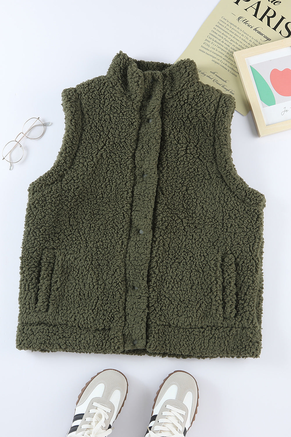 Green Snap Button Pocketed Sherpa Vest Jacket