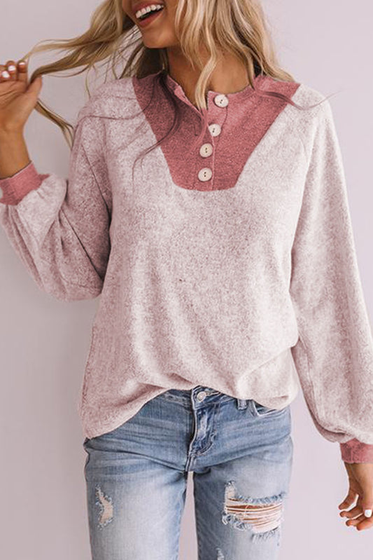 Button Contrast Puff Sleeve Blouse