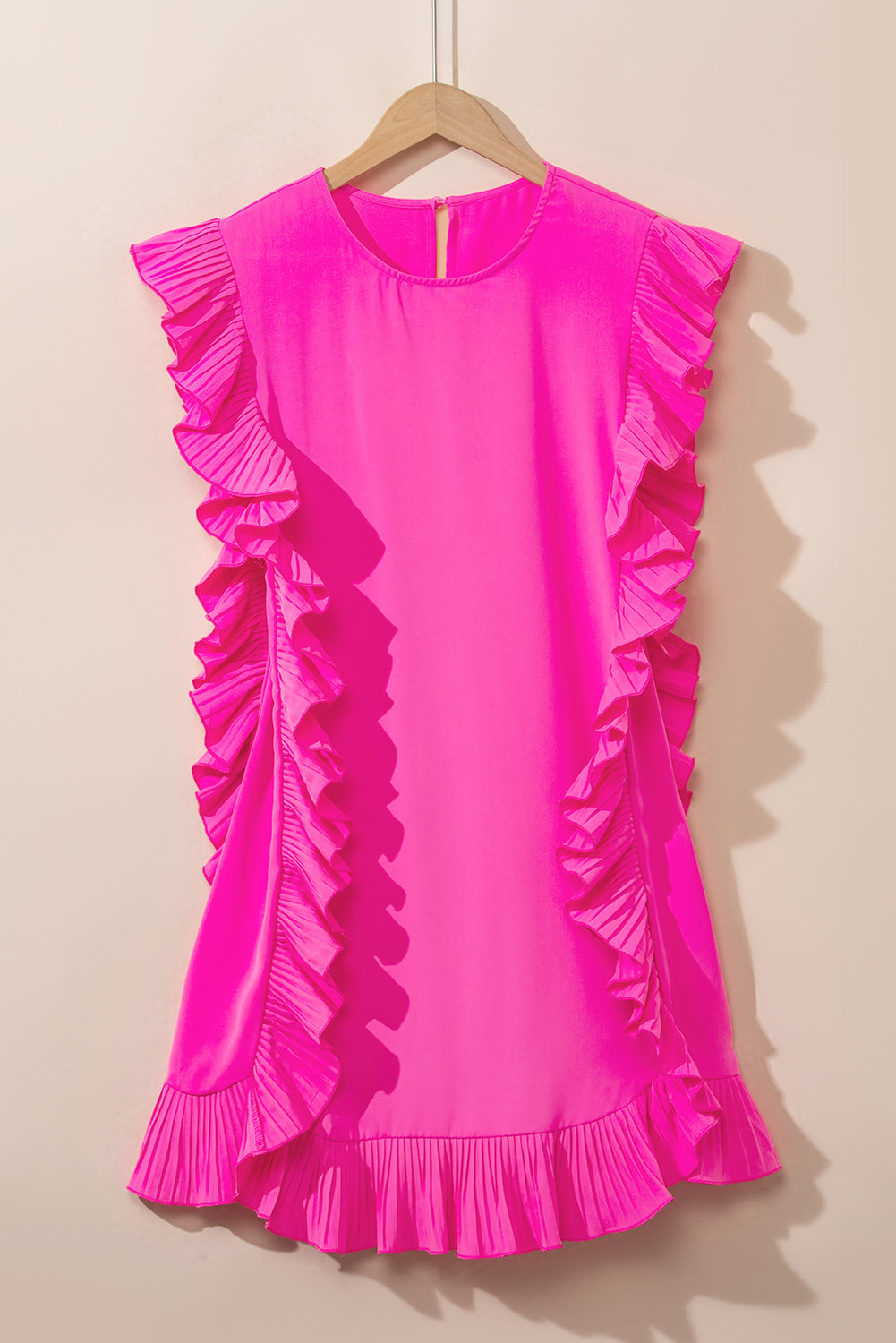 Bright Pink Solid Ruffled Edge Keyhole Back Mini Dress