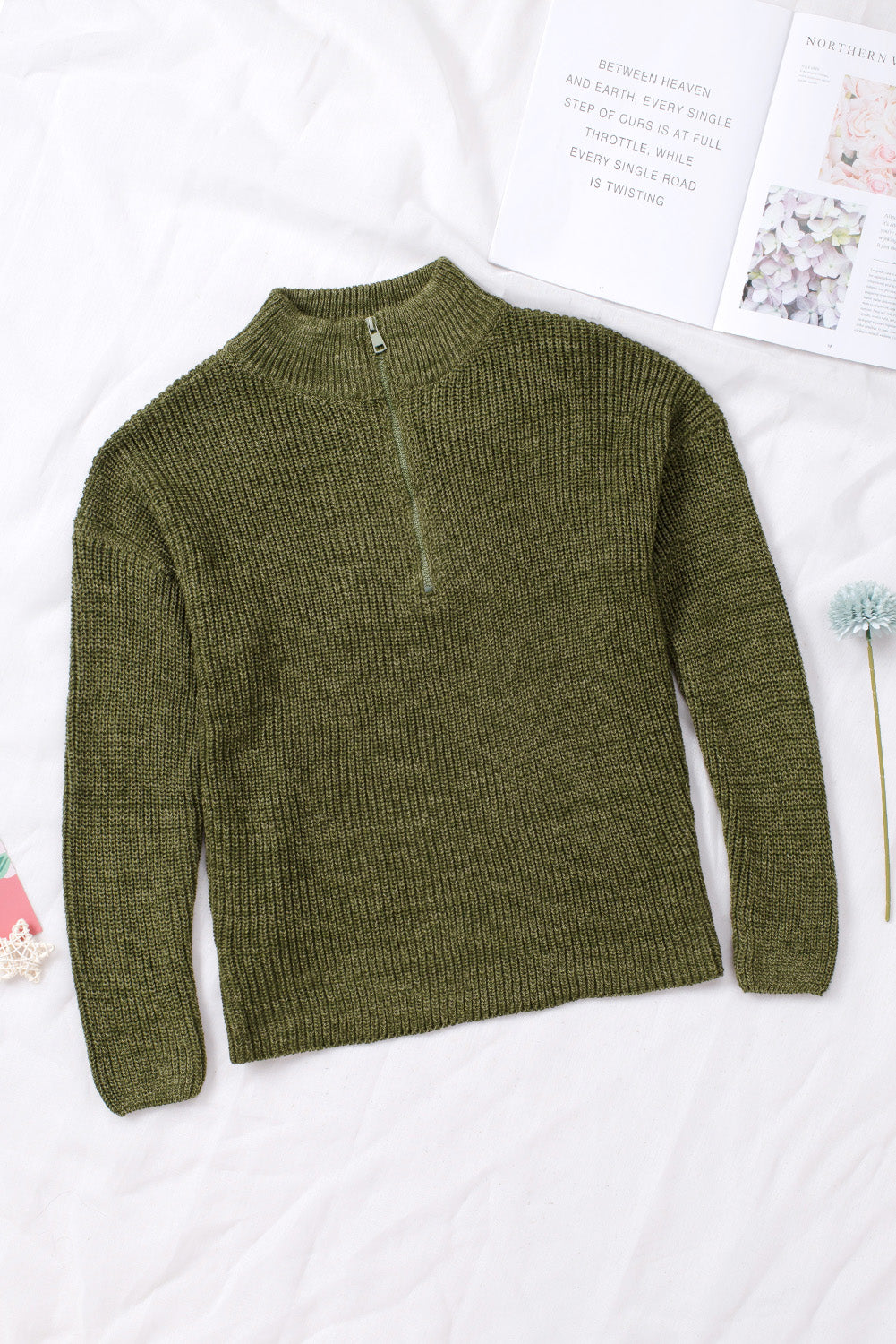 Green Zipped Turtleneck Drop Shoulder Knit Sweater