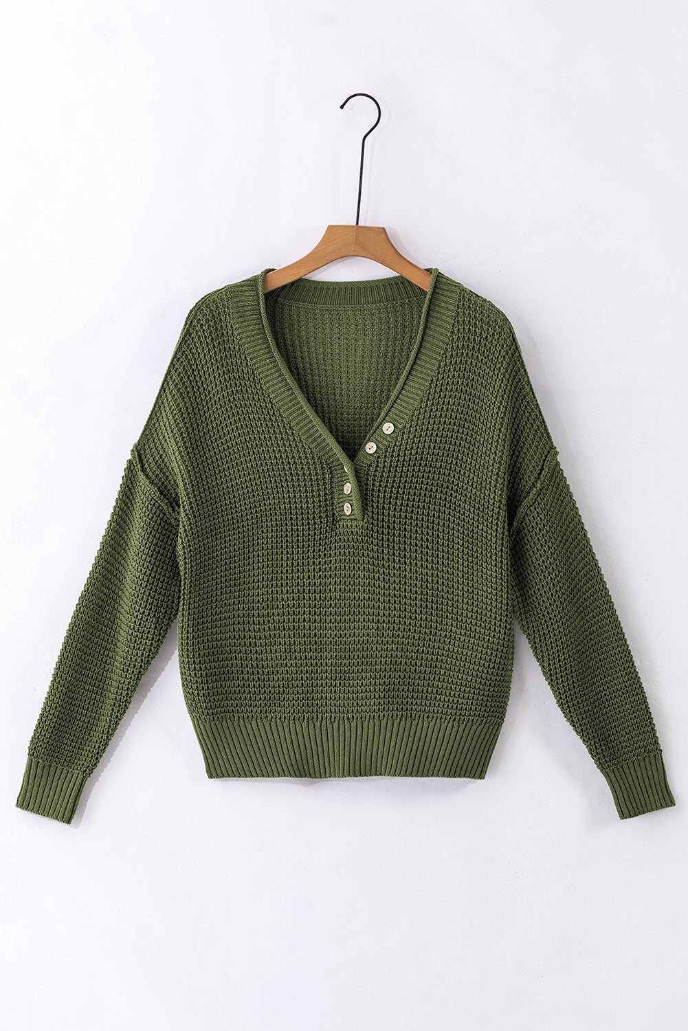 Pickle Green Pointelle Knit Button V Neck Drop Shoulder Sweater