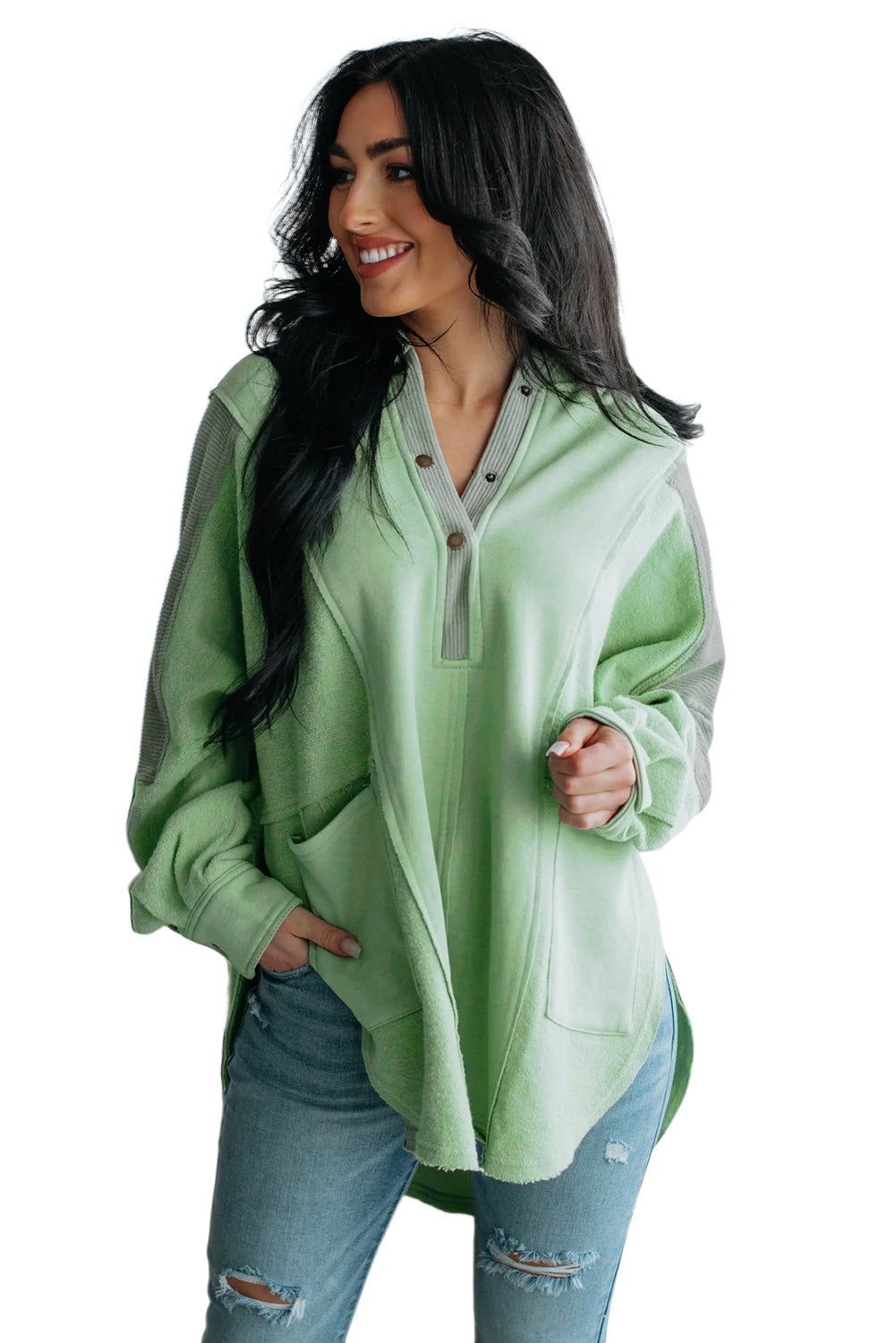 Green Color Block Exposed Seam Buttoned Neckline Hoodie