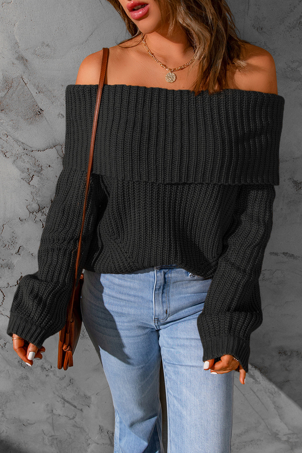 Black Ribbed Knit Foldover Off Shoulder Sweater