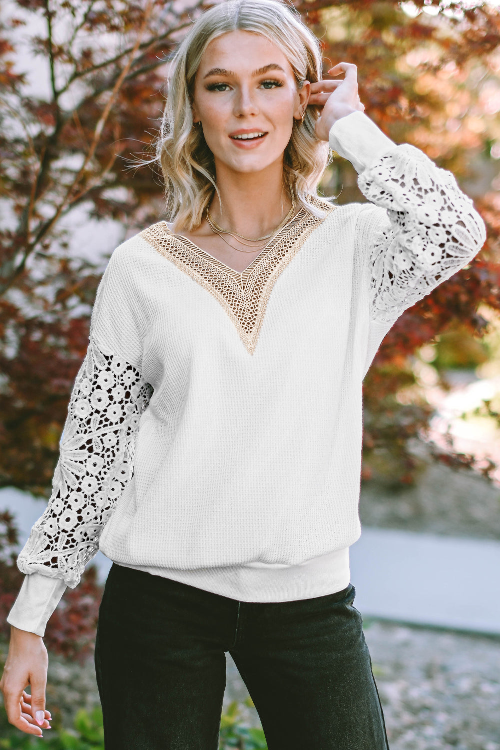 White Lace Splicing V Neck Puff Sleeve Top