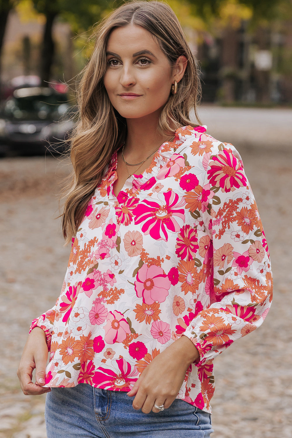 Bright White Floral Print Split V Neck Blouse