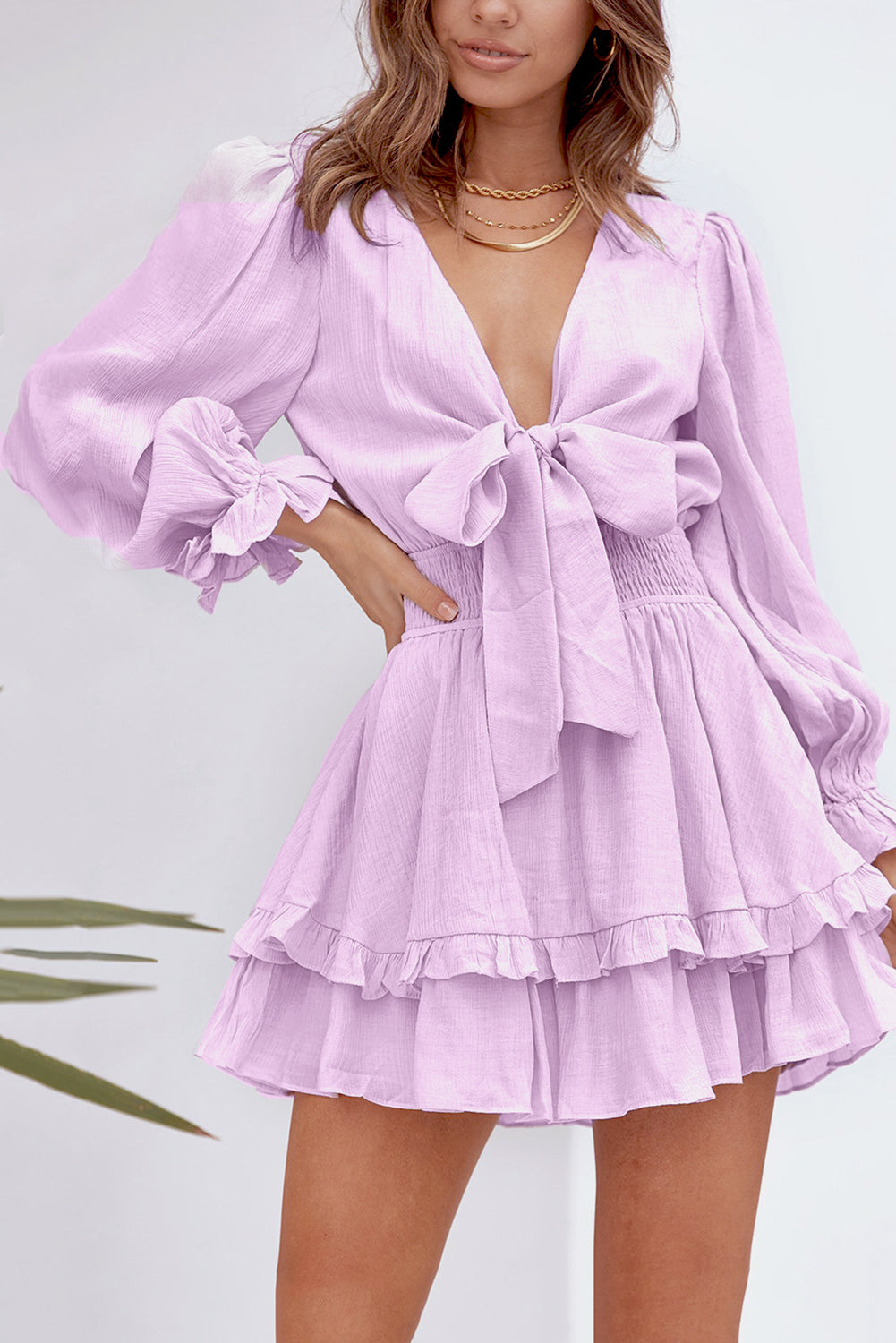 Deep V Neck Lantern Sleeve Knotted Tiered Mini Dress