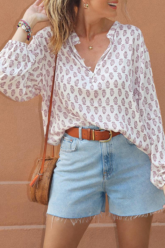 White Boho Print Long Sleeve Buttoned Blouse